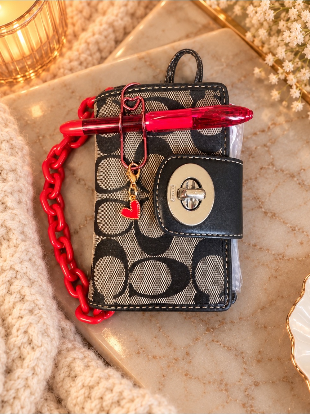 Coach Black and Beige Signature Card Case with Red Chain and Charm